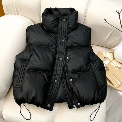 LVSANW ITOOLIN Women Casual Solid Warm Sleeveless Vest Coat Mock Neck PU Thicken Jacket Button Up Loose Women Down Jacket Autumn Winter