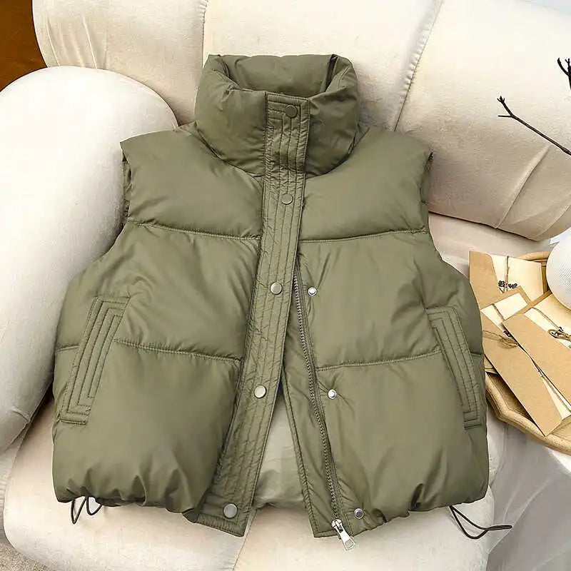 LVSANW ITOOLIN Women Casual Solid Warm Sleeveless Vest Coat Mock Neck PU Thicken Jacket Button Up Loose Women Down Jacket Autumn Winter