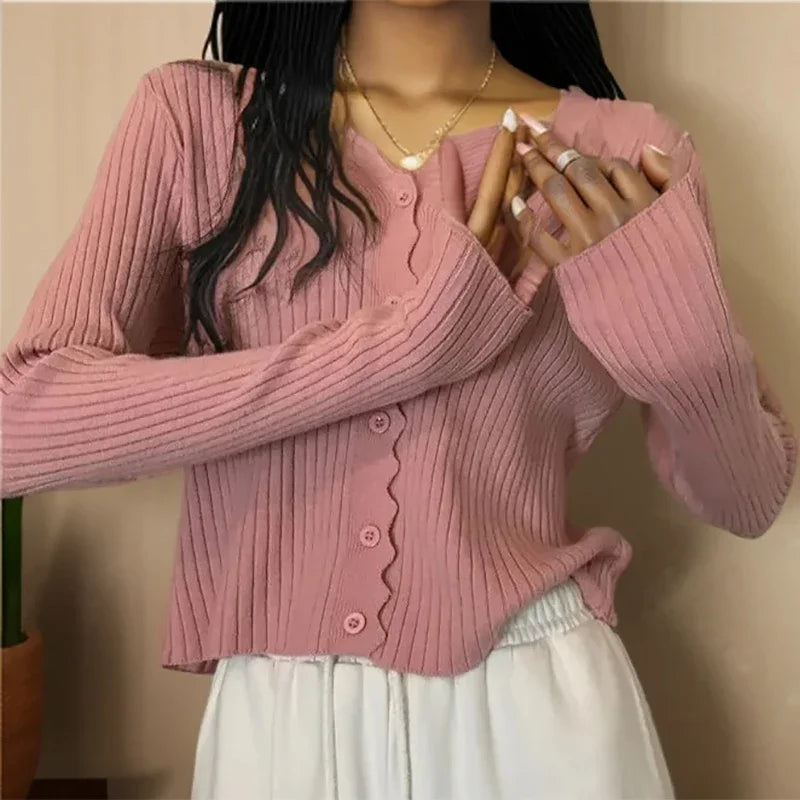 LVSANW ITOOLIN Women Ruffles Long Sleeve Thin Sweater V-Neck Single-breasted Knitwear Office Sweet Tops For Women 2024 Autumn