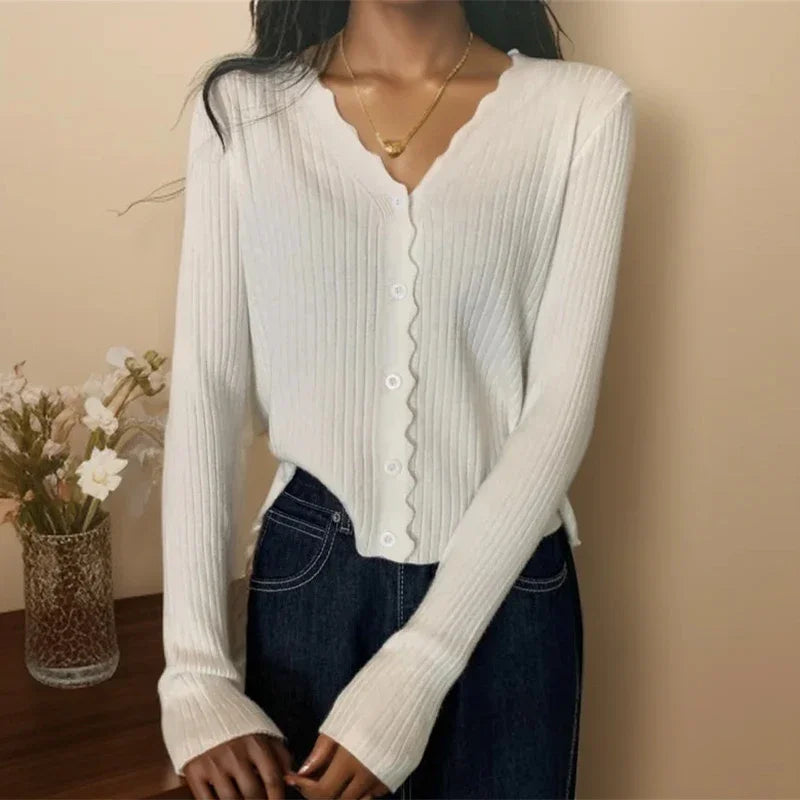 LVSANW ITOOLIN Women Ruffles Long Sleeve Thin Sweater V-Neck Single-breasted Knitwear Office Sweet Tops For Women 2024 Autumn