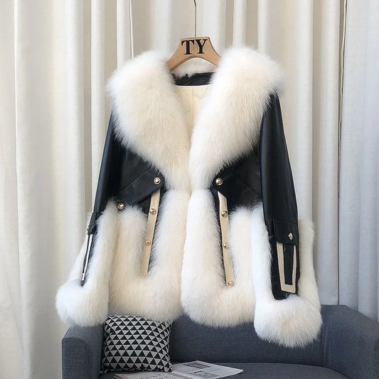 LVSANW Imitation Fox Fur Women's Color Blocked Fur Coat  Winter 2024 Short Style Contrasting Fur Integrated Warm Coat