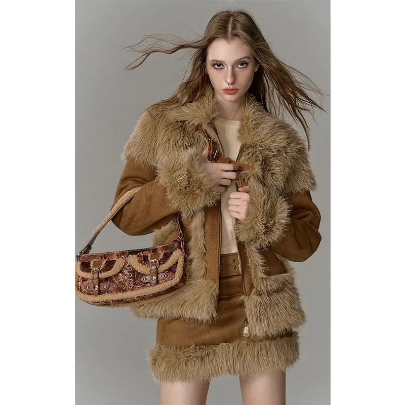 LVSANW Imitation fur suit spliced short skirt two-piece suit for women winter new high-end suit European and American fashion trends