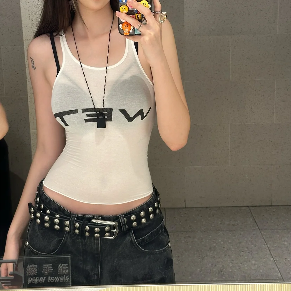 LVSANW Imitation wet clothes Wet Letter Print White Crop Top Shirt Y2k Streetwear Sexy Summer Clothes for Women Tank Tops 2024