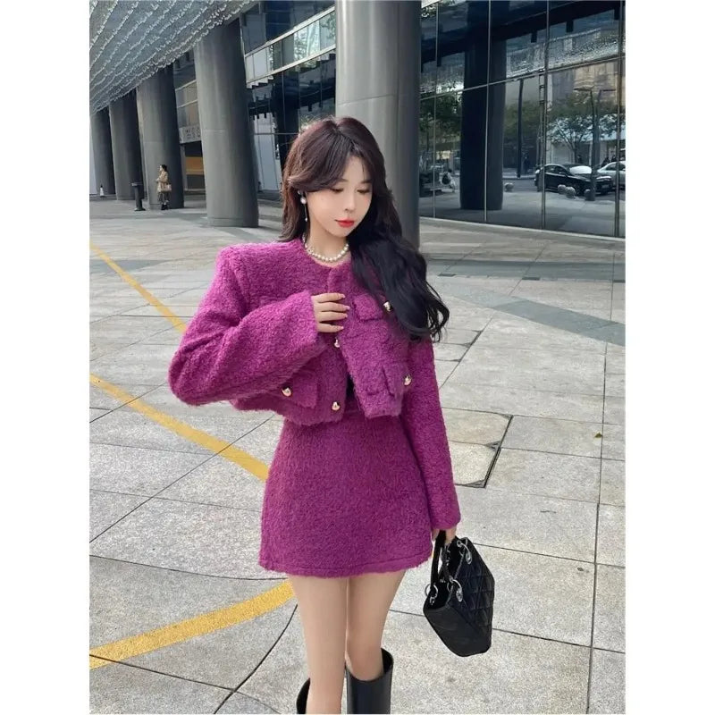 LVSANW Insozkdg Elegant Socialite Style Women's Short Skirt Suits 2025 Autumn Winter Plush Cloth Coat Top + A-line Skirt Two-piece Set