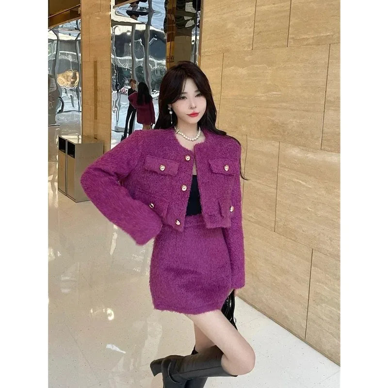 LVSANW Insozkdg Elegant Socialite Style Women's Short Skirt Suits 2025 Autumn Winter Plush Cloth Coat Top + A-line Skirt Two-piece Set