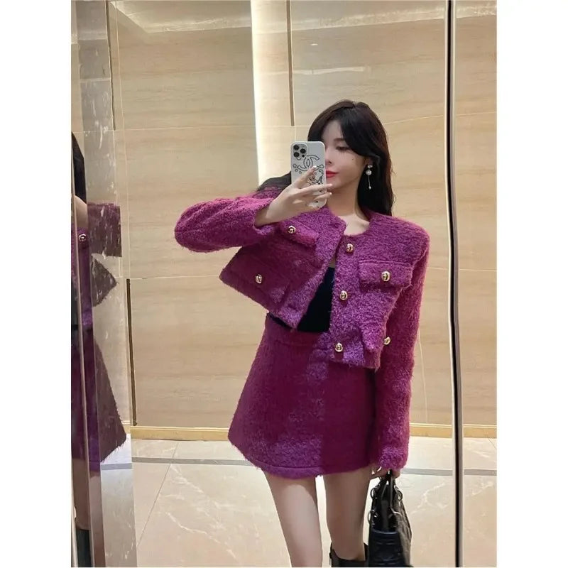 LVSANW Insozkdg Elegant Socialite Style Women's Short Skirt Suits 2025 Autumn Winter Plush Cloth Coat Top + A-line Skirt Two-piece Set