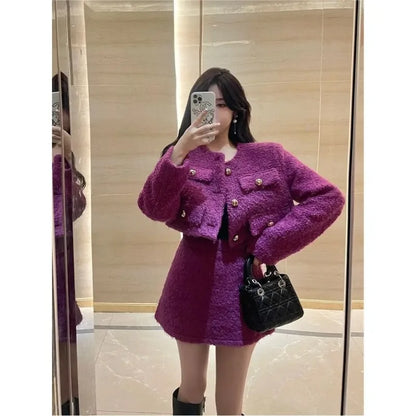 LVSANW Insozkdg Elegant Socialite Style Women's Short Skirt Suits 2025 Autumn Winter Plush Cloth Coat Top + A-line Skirt Two-piece Set