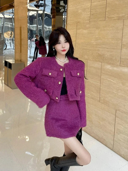 LVSANW Insozkdg Elegant Socialite Style Women's Short Skirt Suits 2025 Autumn Winter Plush Cloth Coat Top + A-line Skirt Two-piece Set