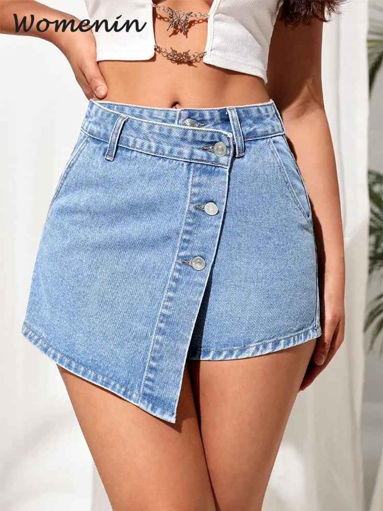 LVSANW Irregular Denim Shorts Skirt Women High Waist Button Pocket Mini Skirts 2024 Spring Summer Casual Solid Female Short Pants New