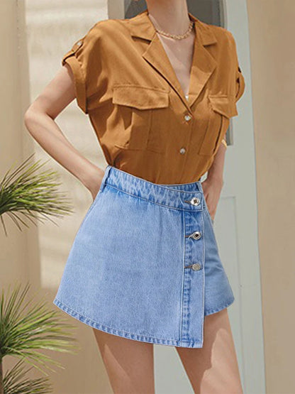 LVSANW Irregular Denim Shorts Skirt Women High Waist Button Pocket Mini Skirts 2024 Spring Summer Casual Solid Female Short Pants New