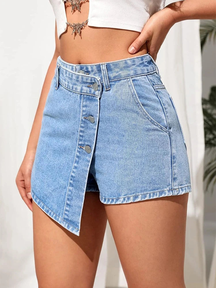 LVSANW Irregular Denim Shorts Skirt Women High Waist Button Pocket Mini Skirts 2024 Spring Summer Casual Solid Female Short Pants New