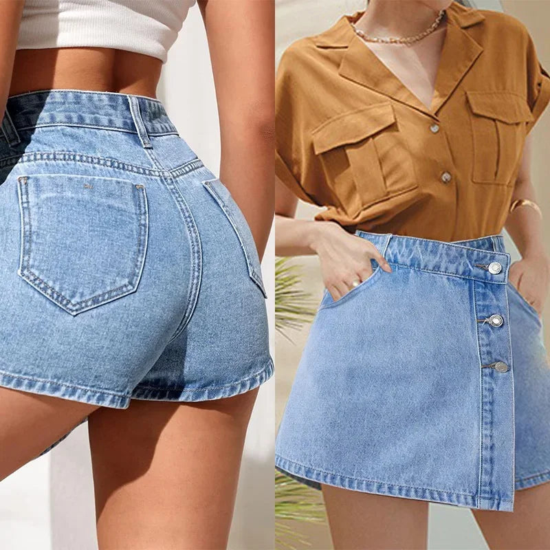 LVSANW Irregular Denim Shorts Skirt Women High Waist Button Pocket Mini Skirts 2024 Spring Summer Casual Solid Female Short Pants New