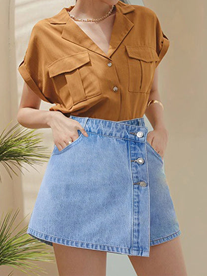 LVSANW Irregular Denim Shorts Skirt Women High Waist Button Pocket Mini Skirts 2024 Spring Summer Casual Solid Female Short Pants New