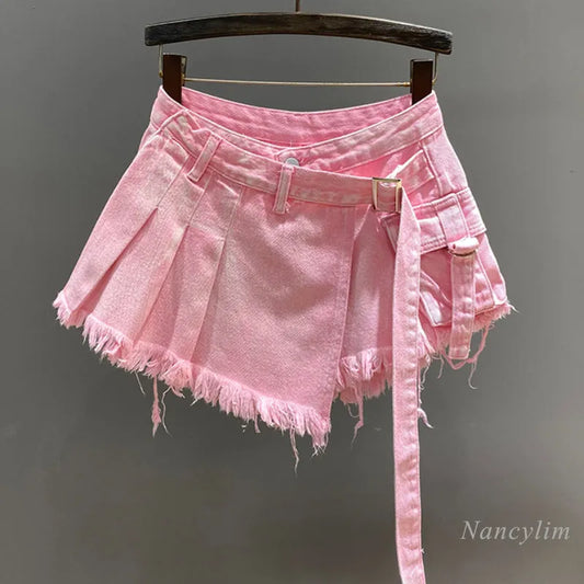 LVSANW Irregular Pink Denim Skirt Women's Summer High Waist Slimming False Two-Piece A- Line Workwear Short Mini Skirts 2024