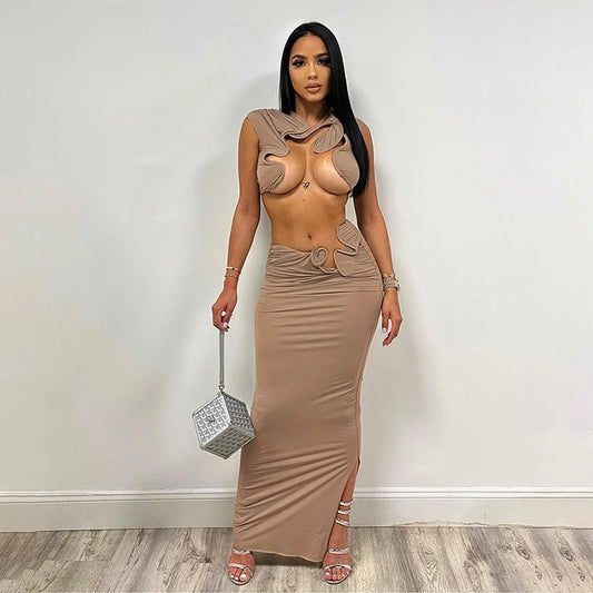 LVSANW Irregular Sexy Hot Skirts Set Women Solid Sleeveless Crop Top Bodycon Maxi Skirts Matching Set 2024 Summer Sexy Club 2 Piece Set