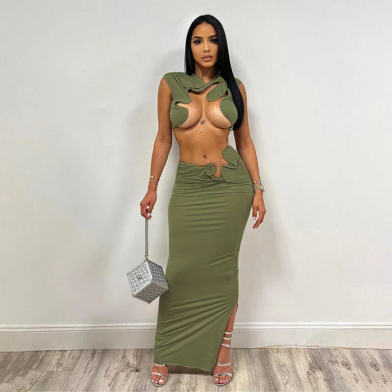 LVSANW Irregular Sexy Hot Skirts Set Women Solid Sleeveless Crop Top Bodycon Maxi Skirts Matching Set 2024 Summer Sexy Club 2 Piece Set