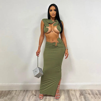 LVSANW Irregular Sexy Hot Skirts Set Women Solid Sleeveless Crop Top Bodycon Maxi Skirts Matching Set 2024 Summer Sexy Club 2 Piece Set