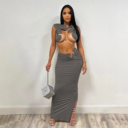 LVSANW Irregular Sexy Hot Skirts Set Women Solid Sleeveless Crop Top Bodycon Maxi Skirts Matching Set 2024 Summer Sexy Club 2 Piece Set