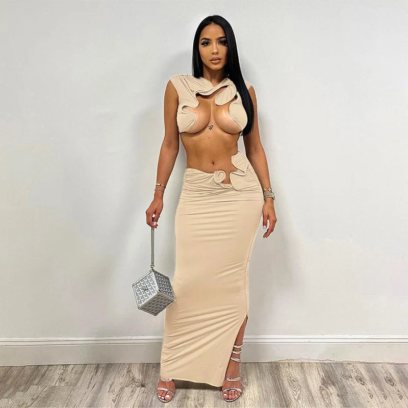 LVSANW Irregular Sexy Hot Skirts Set Women Solid Sleeveless Crop Top Bodycon Maxi Skirts Matching Set 2024 Summer Sexy Club 2 Piece Set