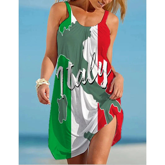 LVSANW Italy Flag Dress Women Fashion Beach Strap Dress Bohemian Sleeveless Midi Dresses Party Evening Elegant Sundress Portugal 2024