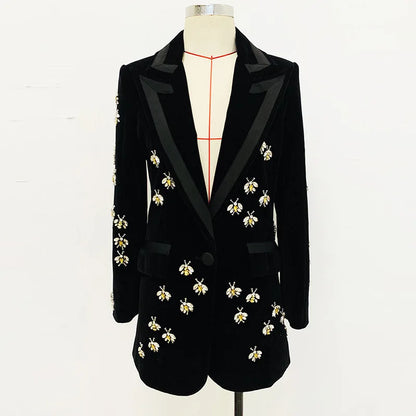 LVSANW JAMERARY Autumn/Winter New Fashion Slim Fit Bee Diamond Beaded Velvet Suit Coat Women Notched Office Lady Blazers Female