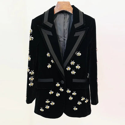 LVSANW JAMERARY Autumn/Winter New Fashion Slim Fit Bee Diamond Beaded Velvet Suit Coat Women Notched Office Lady Blazers Female