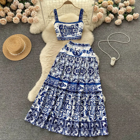 LVSANW JAMERARY Summer Runway Blue And White Porcelain Two Piece Set Women Flower Print Short Crop Top + Holiday Beach Maxi Skirt Suits