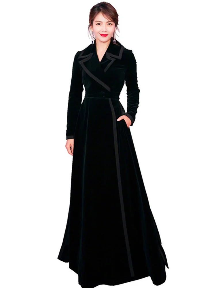 LVSANW JAMERARY Winter Runway Velvet Maxi Coat Women Vintage Notched Collar Wrap Black Thick Warm Long Trench Coat Outwear