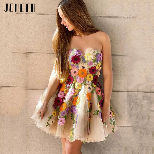 LVSANW JEHETH Champagne Strapless Flowers Tulle Mini Prom Homecoming Dress Exquisite Sweetheart A Line Evening Party Graduation Gown