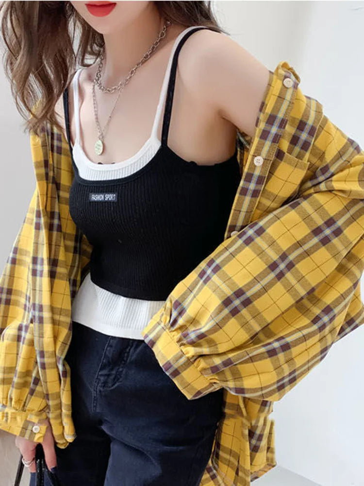 LVSANW JMPRS Fashion Plaid Women Shirt Fashion Korean Oversize Tops Harajuku Daily All-match Long Sleeve Chic Female Yellow Shirts New