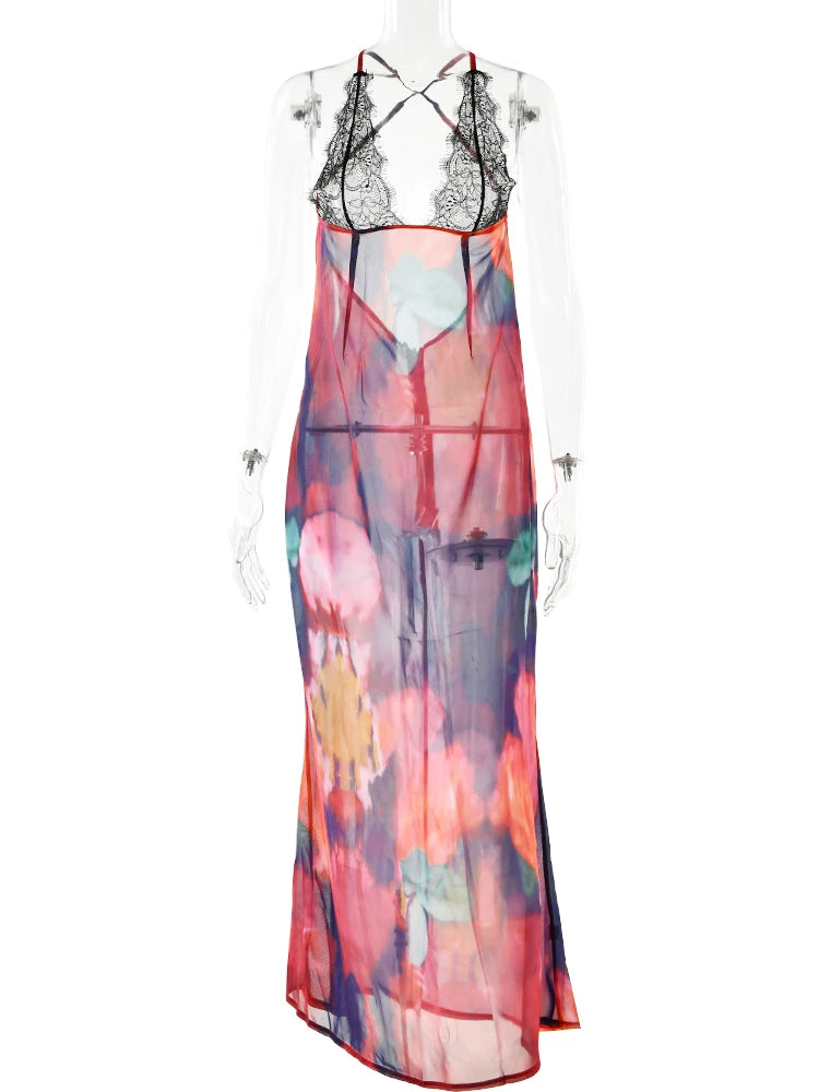 LVSANW JULISSA MO Elegant Tie Dye Floral Chiffon Dress Summer Sexy Women Backless Lace Bodycon See Through 2024 Beach Party Vestidos