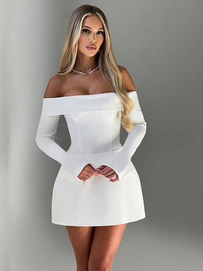 LVSANW JULISSA MO Sexy Off Shoulder A-line Women Dress White Backless High Waist Dress Female Autumn Skinny Elegant Party Clubwear 2024