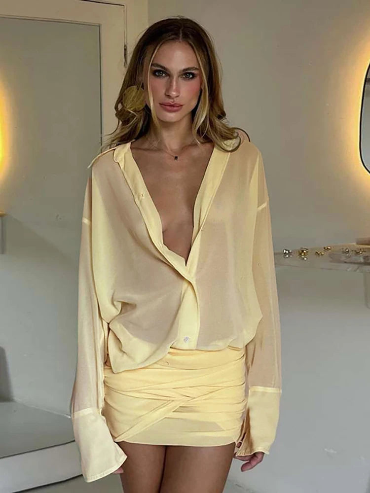 LVSANW JULISSA MO Sexy Turn-down Collar Bandage Women Dress Yellow Single Breasted Shirt Dress Female Spring Slim Elegant Party Dresses