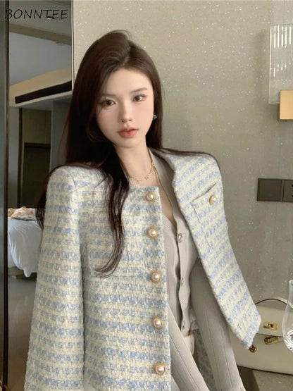 LVSANW Jackets Women Graceful Korean Version Trendy Temperament Coats Tops Office Lady Autumn Winter Seductive Plaid Ins Blue Stylish