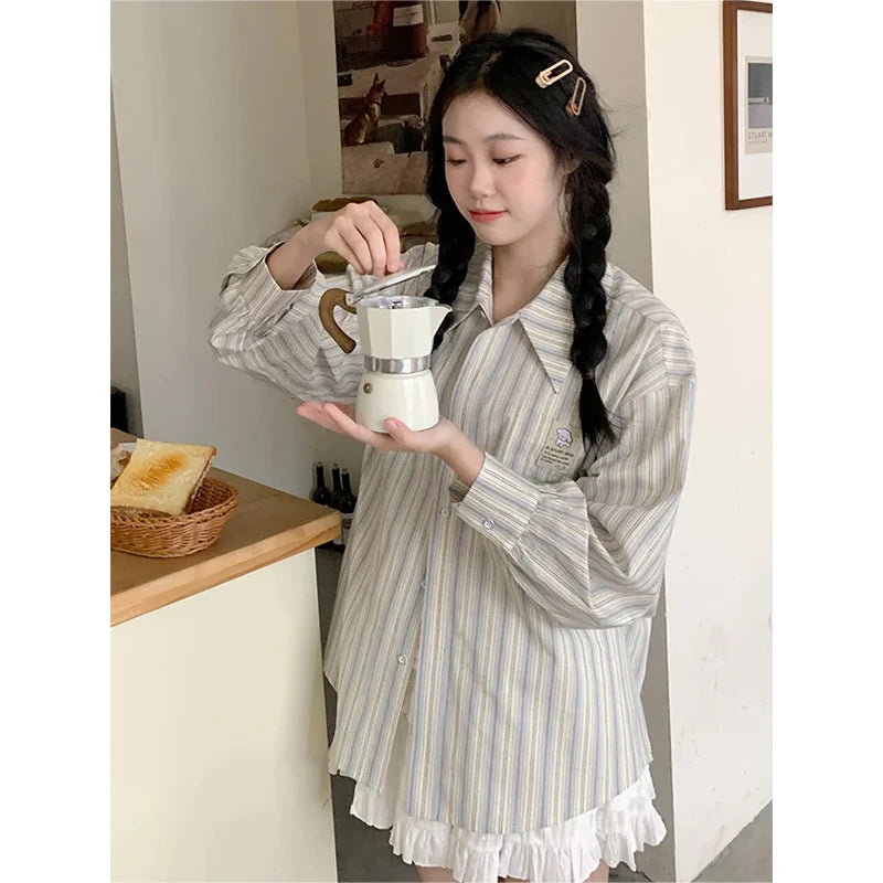 LVSANW Japanese Retro Sweet Short Sleeved Striped Shirt for Women's Spring Summer New Loose Slimming Casual Fashion Versatile Coat Top