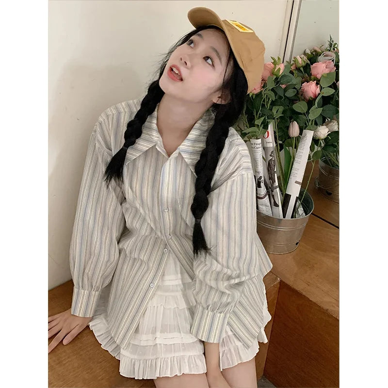 LVSANW Japanese Retro Sweet Short Sleeved Striped Shirt for Women's Spring Summer New Loose Slimming Casual Fashion Versatile Coat Top