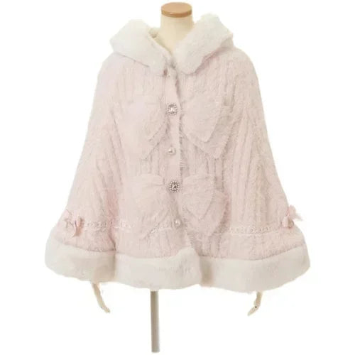 LVSANW Japanese Sweet Soft Thick Women's Double-Layer Big Ribbon Hooded Knitted Cloak 3 Colors Autumn and Winter Ponchos Warm Jacket