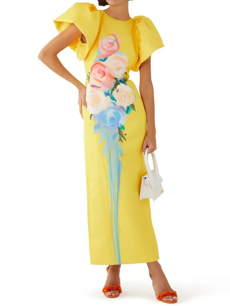 LVSANW Jennifer Flower Printed Yellow Dress for Women Round Neck Short Puff Sleeve Straight Dress Maxi Dresses for Women 2024