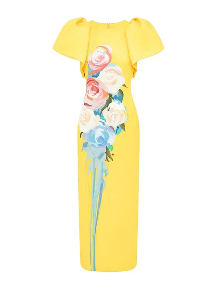 LVSANW Jennifer Flower Printed Yellow Dress for Women Round Neck Short Puff Sleeve Straight Dress Maxi Dresses for Women 2024