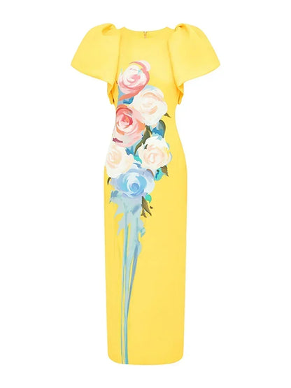 LVSANW Jennifer Flower Printed Yellow Dress for Women Round Neck Short Puff Sleeve Straight Dress Maxi Dresses for Women 2024