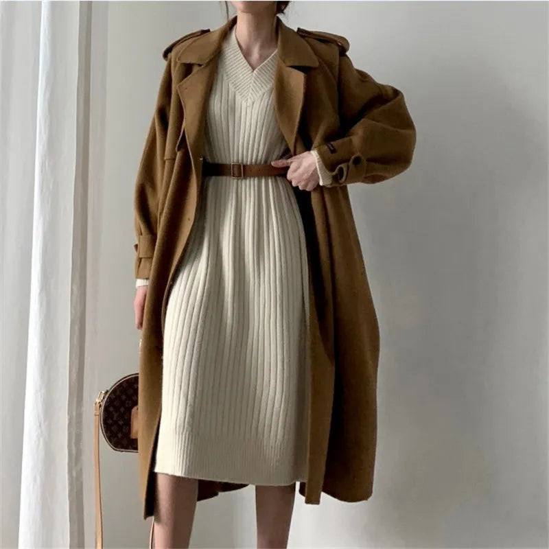 LVSANW Jersey Dress Straight Women Knitted Long Loose Woolen Korean Style V-Neck Fashion Loose Long Sleeve Female Sweater Autumn Winter