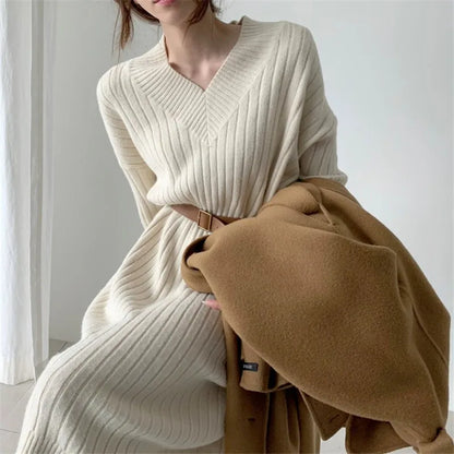 LVSANW Jersey Dress Straight Women Knitted Long Loose Woolen Korean Style V-Neck Fashion Loose Long Sleeve Female Sweater Autumn Winter