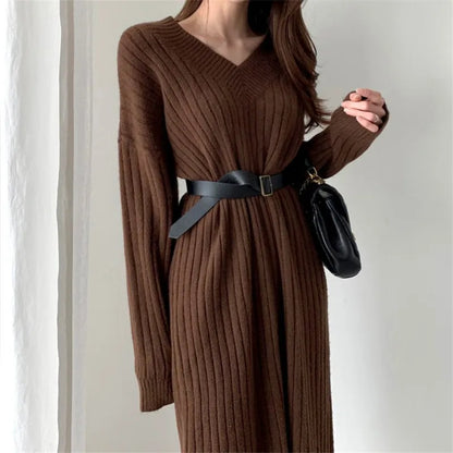 LVSANW Jersey Dress Straight Women Knitted Long Loose Woolen Korean Style V-Neck Fashion Loose Long Sleeve Female Sweater Autumn Winter