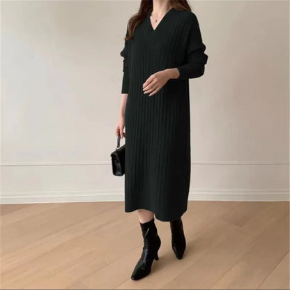 LVSANW Jersey Dress Straight Women Knitted Long Loose Woolen Korean Style V-Neck Fashion Loose Long Sleeve Female Sweater Autumn Winter