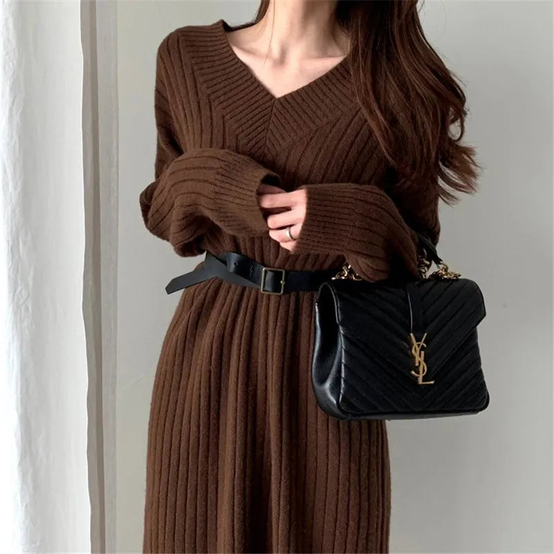 LVSANW Jersey Dress Straight Women Knitted Long Loose Woolen Korean Style V-Neck Fashion Loose Long Sleeve Female Sweater Autumn Winter