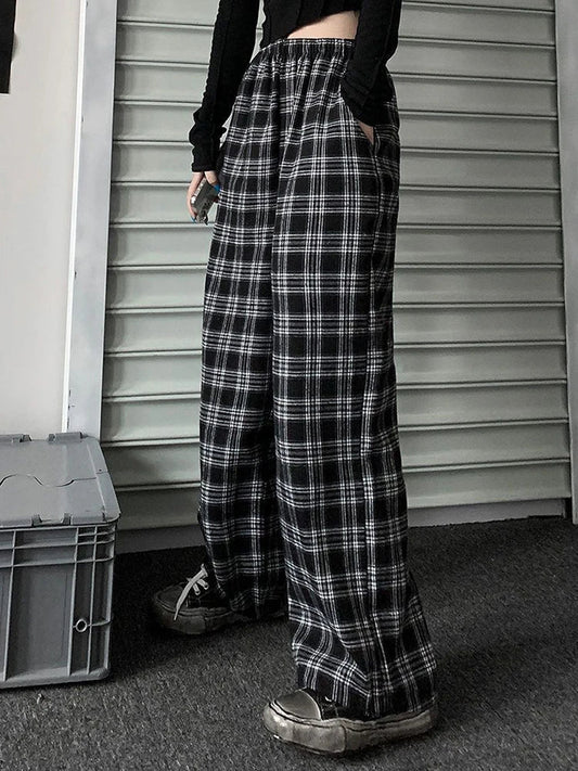 LVSANW Jmprs Oversize Women Sweatpants Summer Fashion Black Plaid Casual Pants Elastic Waist Casual Pockets Student Trousers