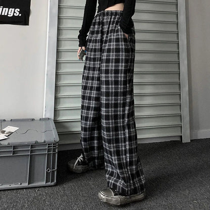 LVSANW Jmprs Oversize Women Sweatpants Summer Fashion Black Plaid Casual Pants Elastic Waist Casual Pockets Student Trousers