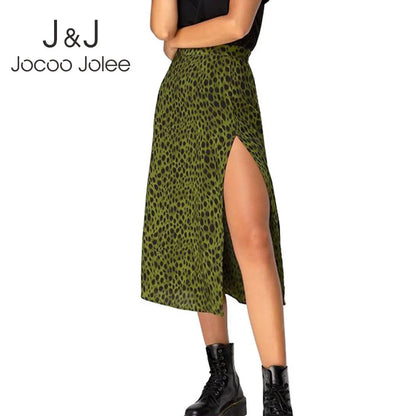 LVSANW Jocoo Jolee Elegant Leopard Floral Printing Long Skirt Women Sexy High Waist Split Midi Skirts Office Lady Bodycon A Line Skirts