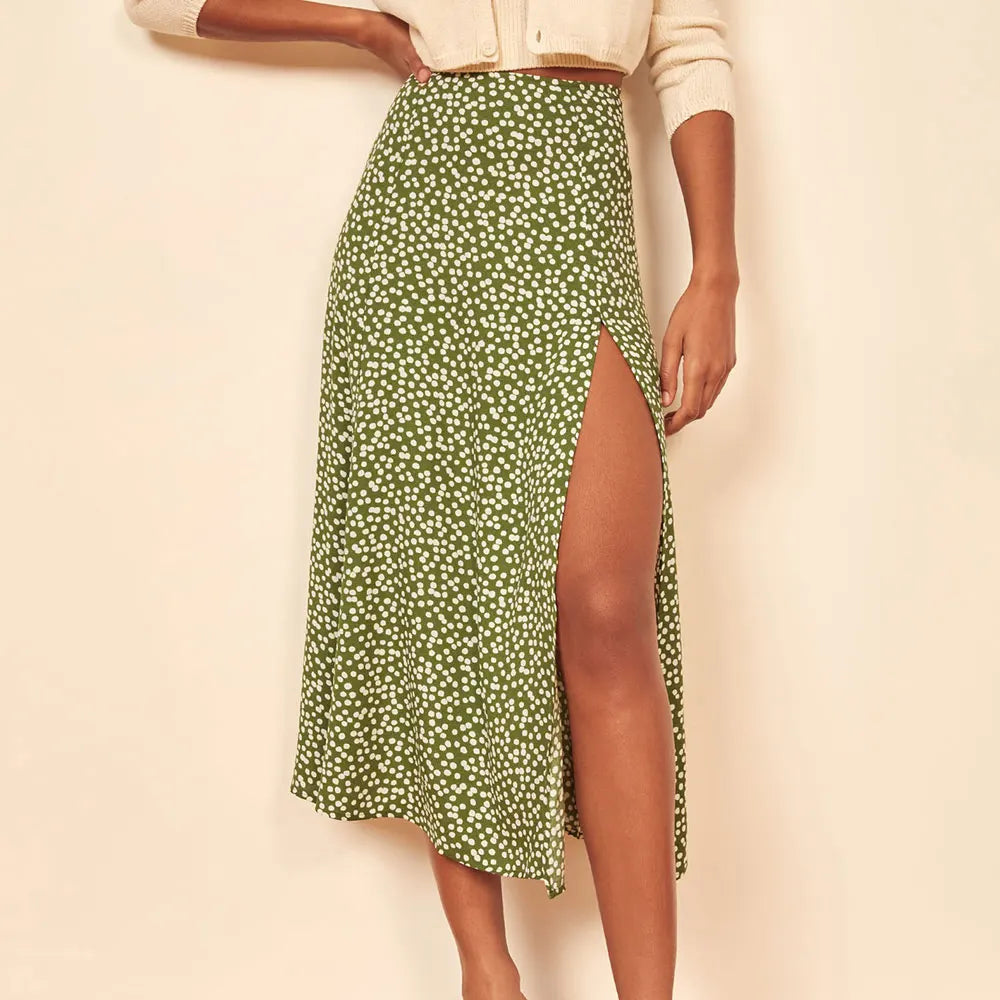 LVSANW Jocoo Jolee Elegant Leopard Floral Printing Long Skirt Women Sexy High Waist Split Midi Skirts Office Lady Bodycon A Line Skirts