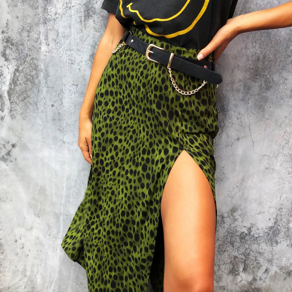 LVSANW Jocoo Jolee Elegant Leopard Floral Printing Long Skirt Women Sexy High Waist Split Midi Skirts Office Lady Bodycon A Line Skirts